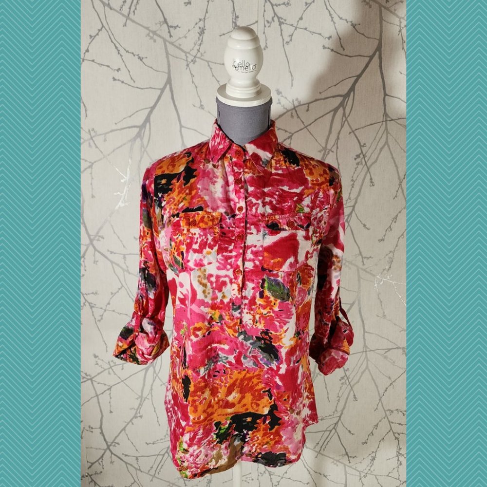 JAK Pink Abstract Colorful Floral Printed Popover Blouse